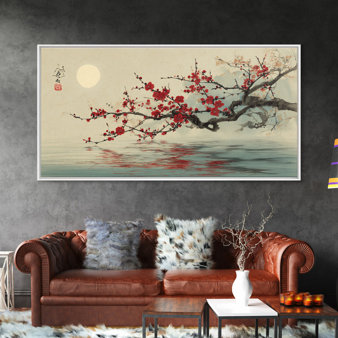 Black Branch with One Red Blossom Framed Canvas Print, Zen Art, Japanese Wall Art, Living Room Decor, Watercolor Art, Zen, ZEN-2x1-29