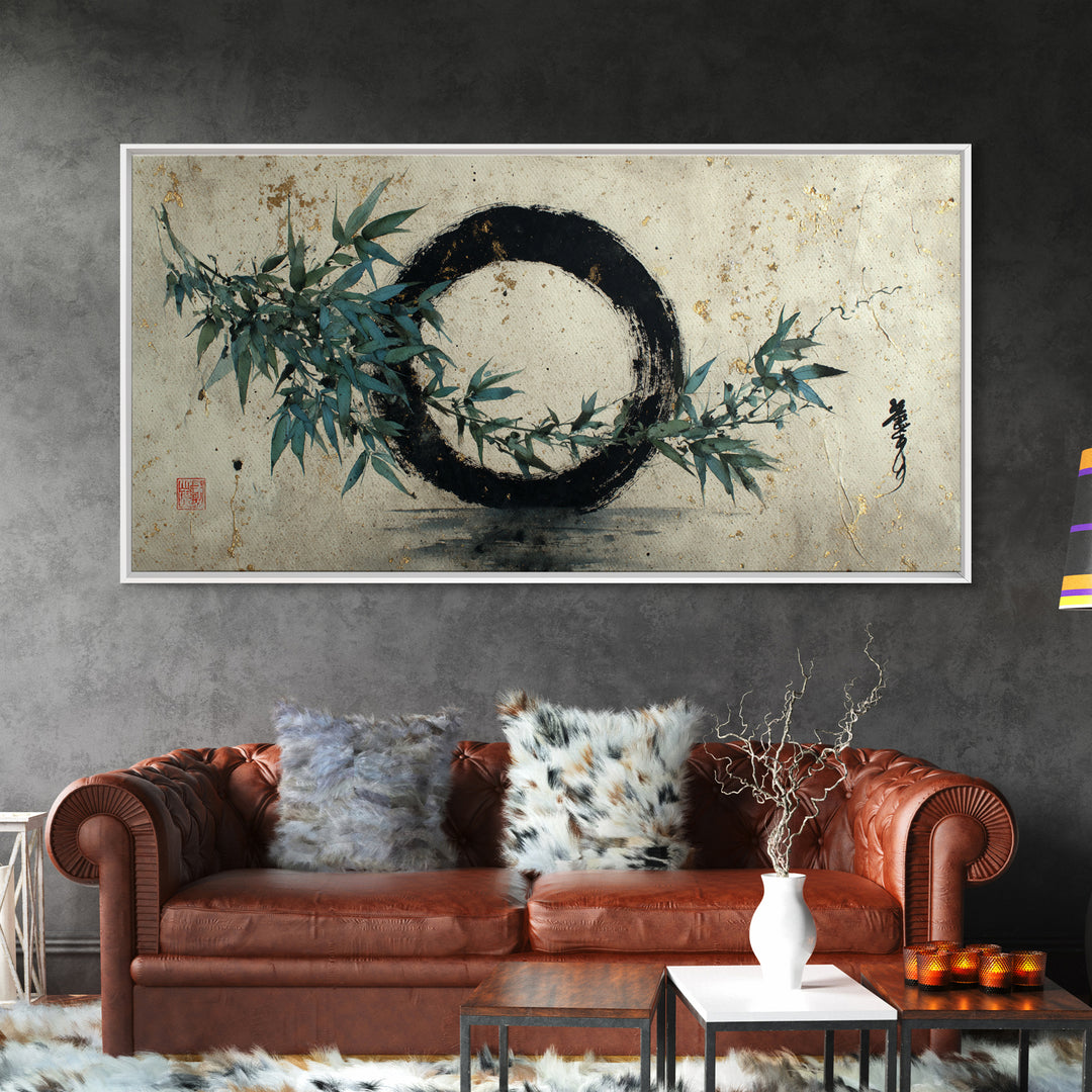 Single Black Ens Circle on Warm Paper Framed Canvas Print, Zen Art, Japandi Wall Art, Living Room Decor, Fine Art, Zen, ZEN-2x1-45
