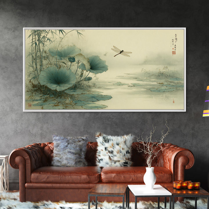Dragonfly over Lotus Pond Framed Canvas Print, Zen Art, Large Wall Art, Living Room Decor, Oil Painting, Zen, Beach Decor, ZEN-2x1-60
