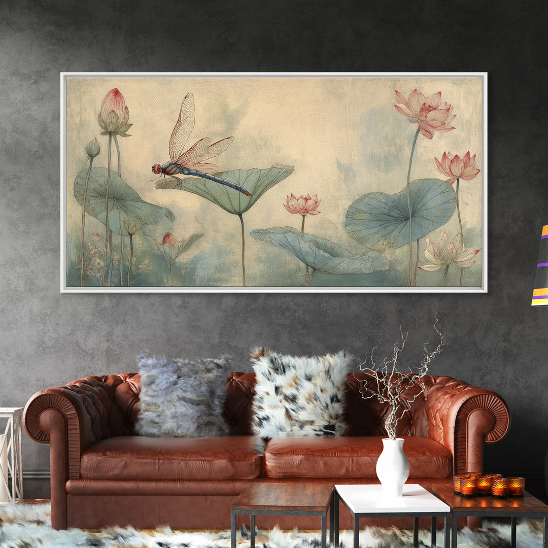 Dragonfly over Lotus Pond Framed Canvas Print, Zen Art, Japandi Wall Art, Living Room Decor, Fine Art, Zen, Neutral Decor, ZEN-2x1-84