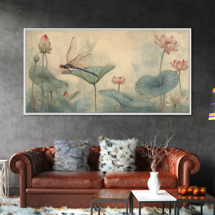 Dragonfly over Lotus Pond Framed Canvas Print, Zen Art, Japandi Wall Art, Living Room Decor, Fine Art, Zen, Neutral Decor, ZEN-2x1-84