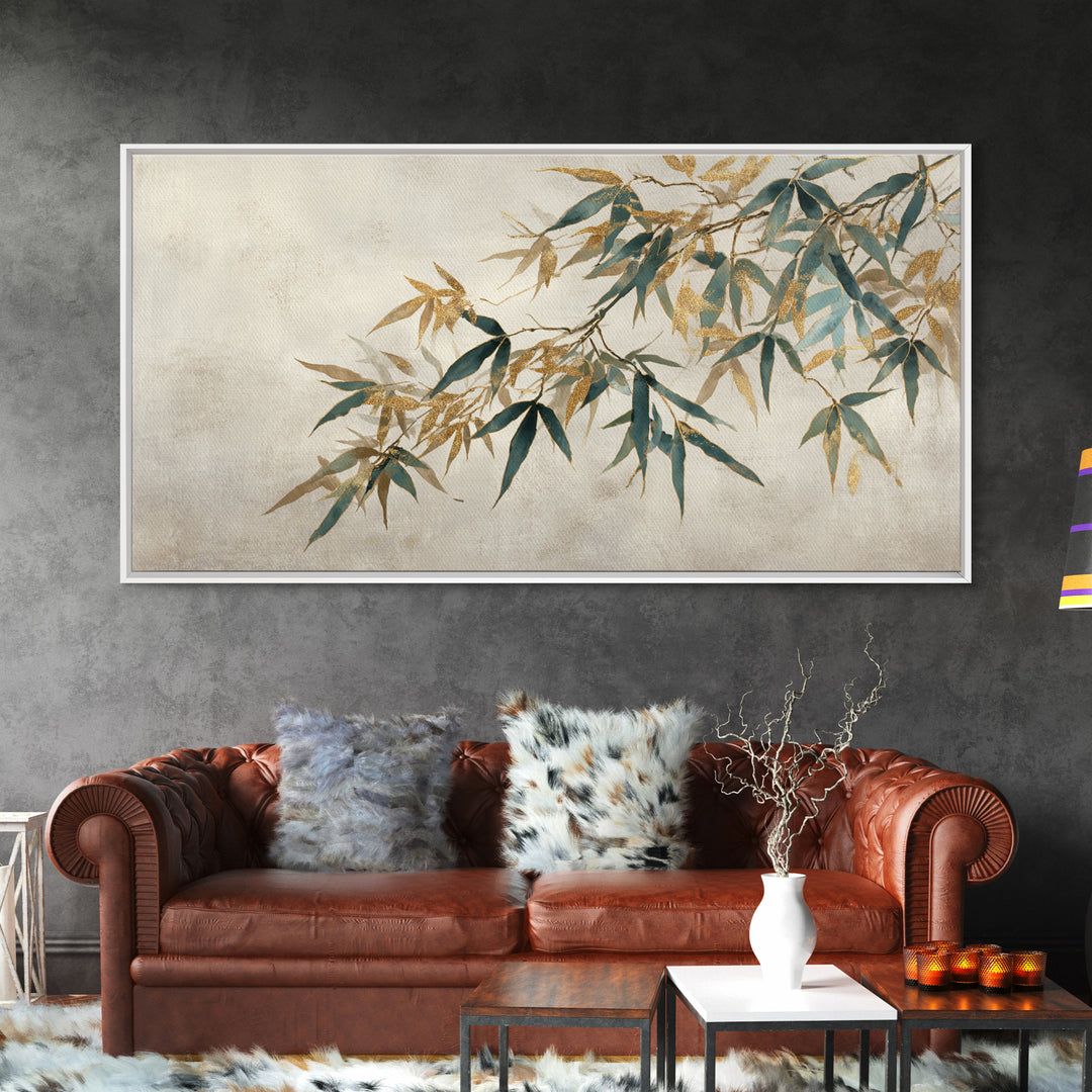 Minimal Bamboo Leaves Framed Canvas Print, Zen Art, Extra Large Wall Art, Living Room Decor, Fine Art, Zen, Boho Decor, ZEN-2x1-85