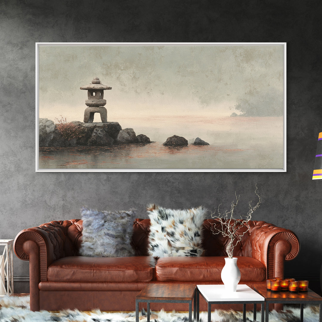 Stone Lantern in Morning Fog Without Garden Framed Canvas Print, Zen Art, Digital Print, Living Room Decor, Fine Art, Zen, ZEN-2x1-86