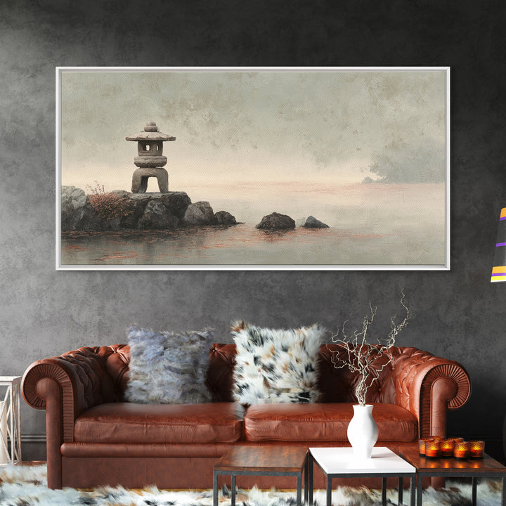 Stone Lantern in Morning Fog Without Garden Framed Canvas Print, Zen Art, Digital Print, Living Room Decor, Fine Art, Zen, ZEN-2x1-86
