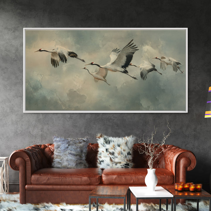 Crane Flying Across Pale Sun Framed Canvas Print, Zen Art, Japanese Wall Art, Living Room Decor, Oil Painting, Zen, ZEN-2x1-92