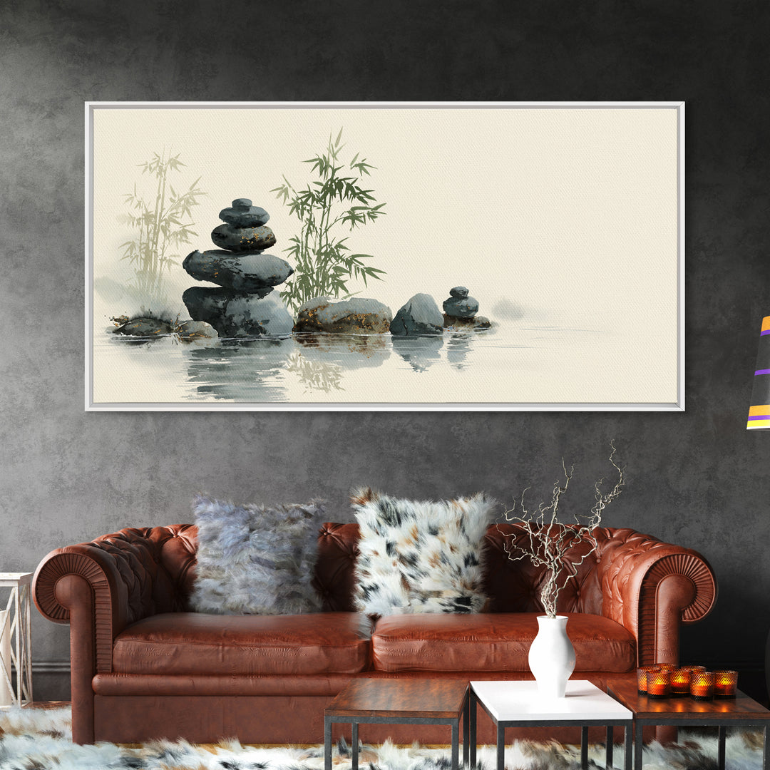 Stacked Stones Beside Still Water Framed Canvas Print, Zen Art, Statement Artwork, Living Room Decor, Fine Art, Zen, ZEN-2x1-95