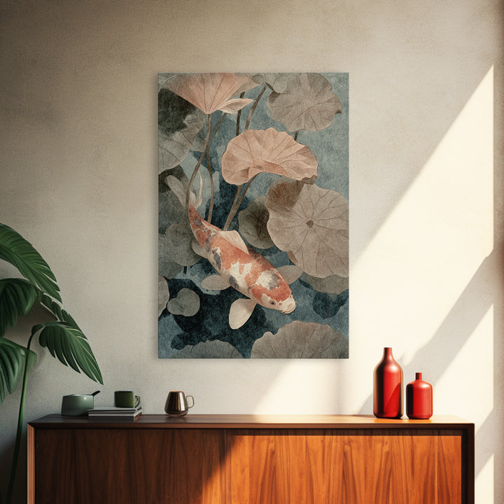 Koi Fish Beneath Floating Lotus Leaves Framed Canvas Print, Zen Art, Japanese Wall Art, Living Room Decor, Oil Painting, Zen, ZEN-2x3-12