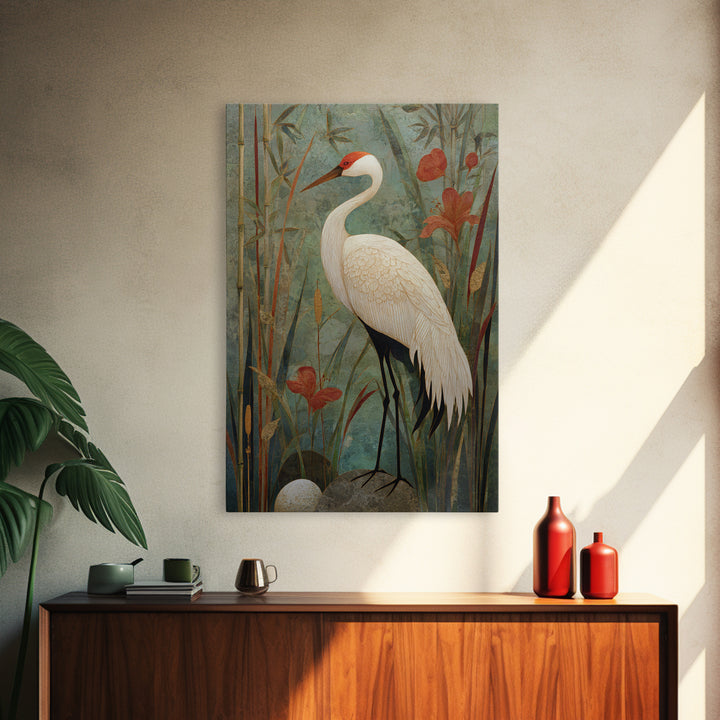 White Crane Standing Canvas Print, Zen Art, Abstract Art, Living Room Decor, Zen, Wabi Sabi Wall Art, Extra Large Wall Art, ZEN-2x3-15