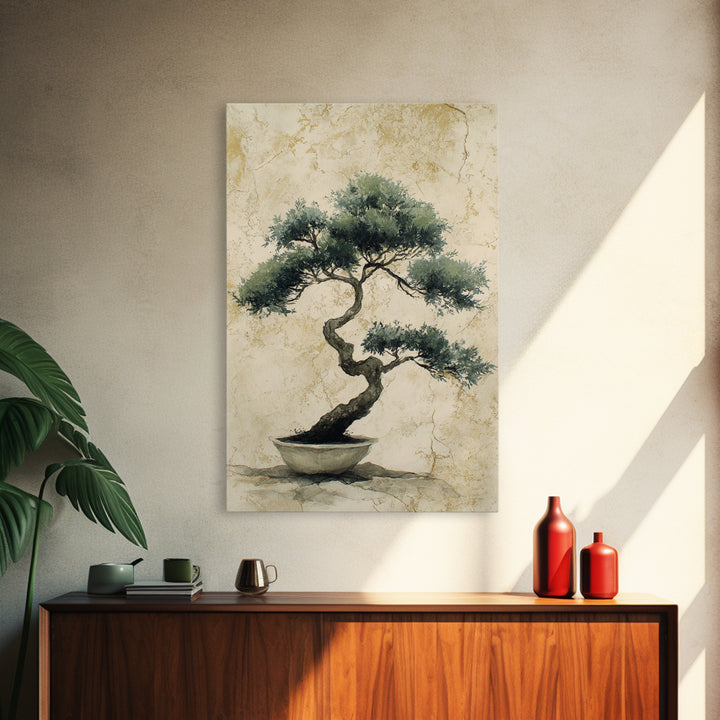 Bonsai Tree in Simple Ceramic Pot Framed Canvas Print, Zen Art, Extra Large Wall Art, Living Room Decor, Oil Painting, Zen, ZEN-2x3-20