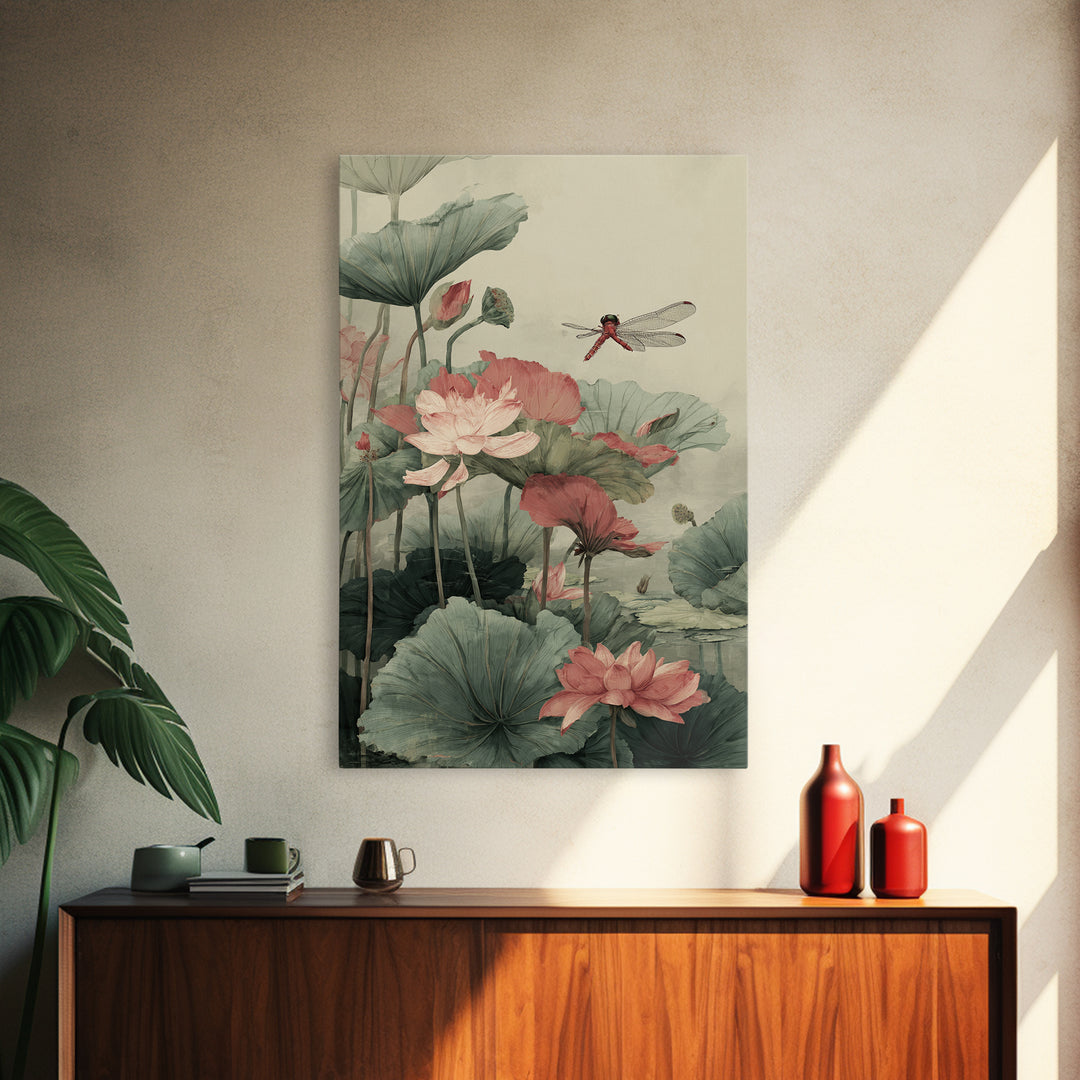 Dragonfly over Lotus Pond Framed Canvas Print, Zen Art, Minimalist Decor, Living Room Decor, Fine Art, Zen, Printable Art, ZEN-2x3-24