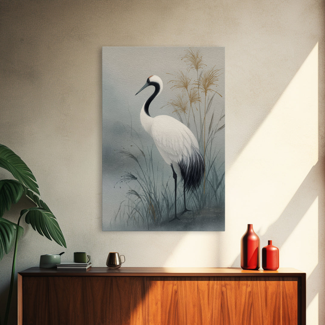 White Crane Standing Canvas Print, Zen Art, Minimalist Wall Art, Living Room Decor, Zen, Fine Art Print, Statement Artwork, ZEN-2x3-39