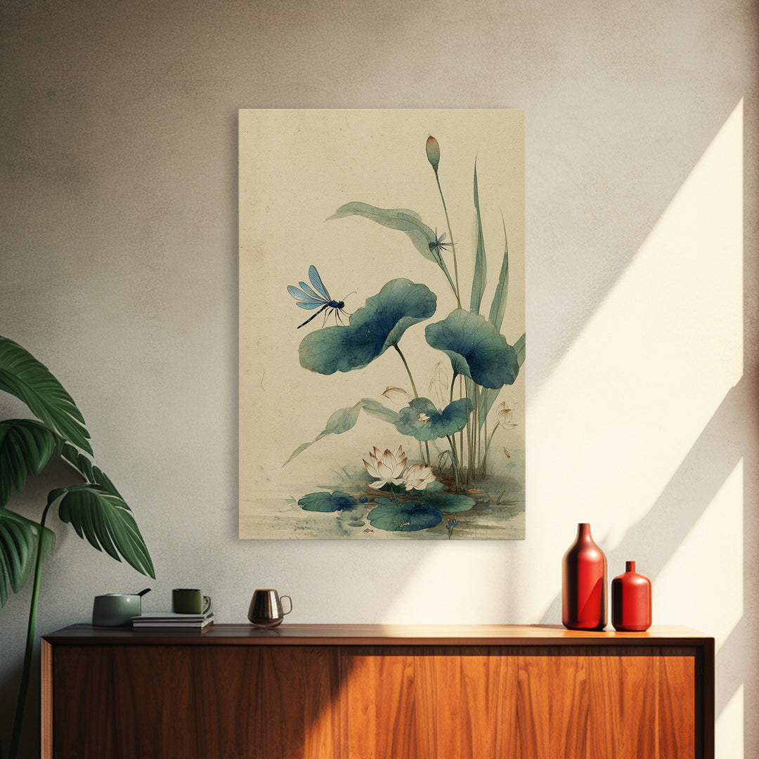 Dragonfly over Lotus Pond Framed Canvas Print, Zen Art, Living Room Decor, Watercolor Art, Zen, Extra Large Wall Art, ZEN-2x3-48