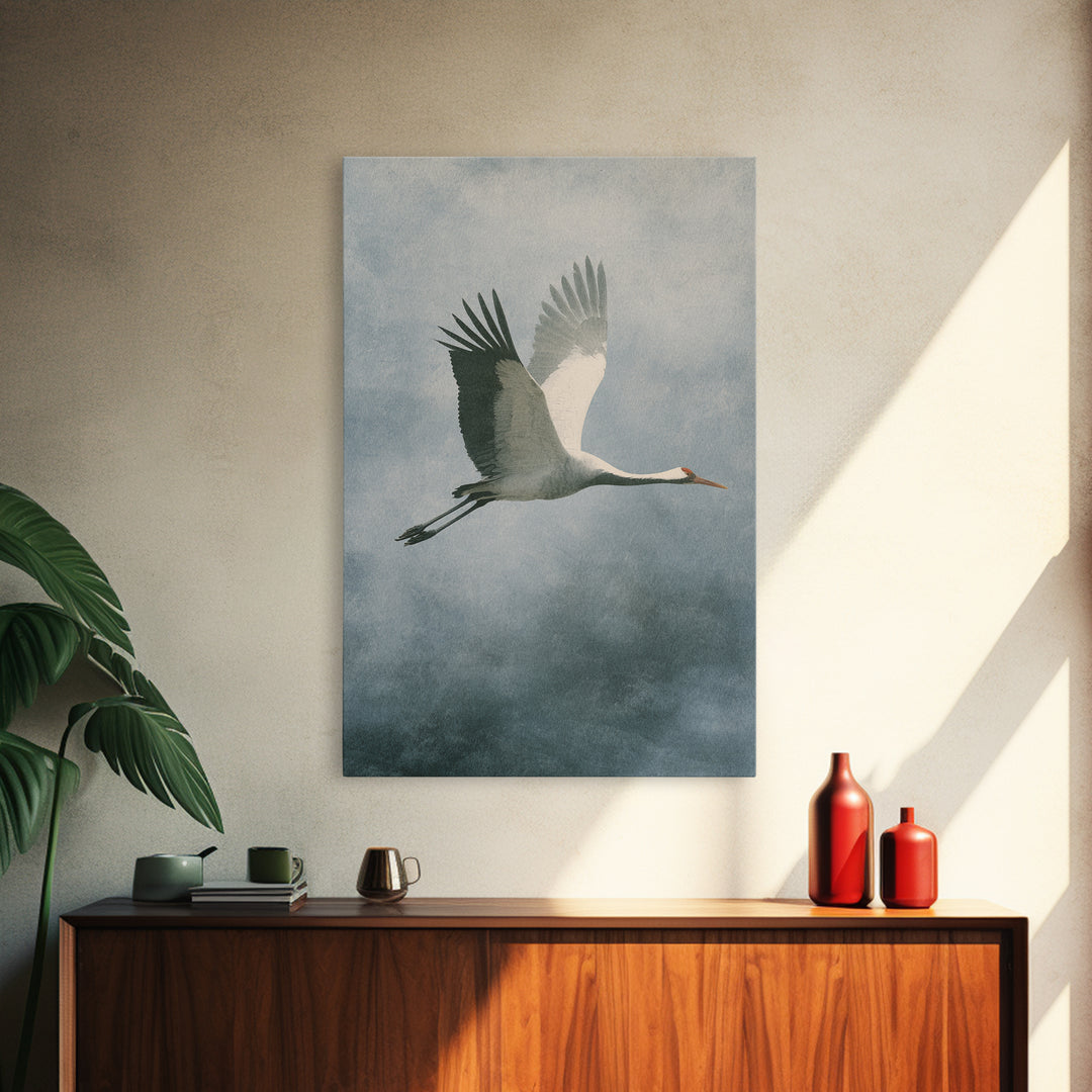 Crane Flying Across Pale Sun Framed Canvas Print, Zen Art, Metal Wall Art, Living Room Decor, Abstract Art, Zen, ZEN-2x3-56