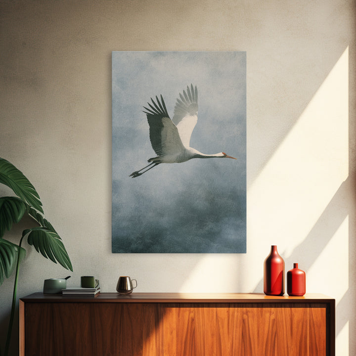 Crane Flying Across Pale Sun Framed Canvas Print, Zen Art, Metal Wall Art, Living Room Decor, Abstract Art, Zen, ZEN-2x3-56