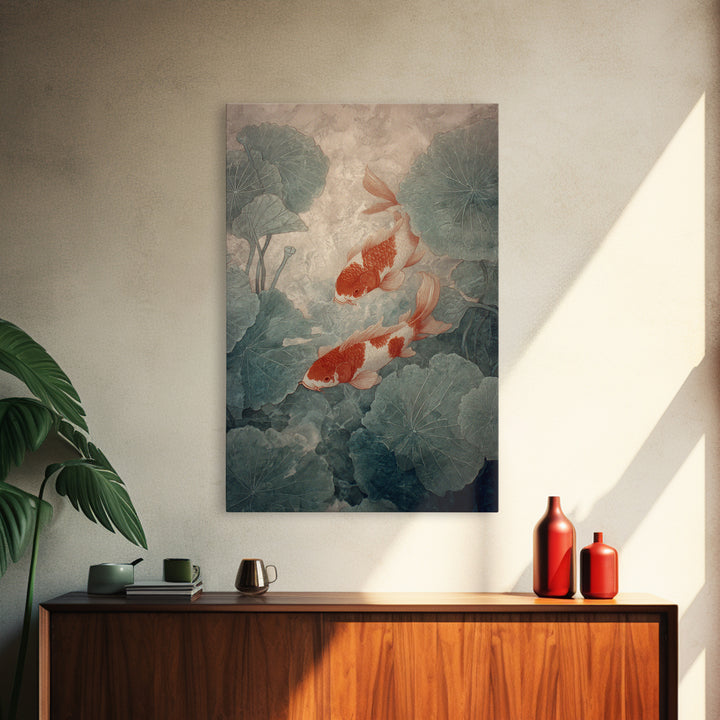 Koi Fish Beneath Floating Lotus Leaves Framed Canvas Print, Zen Art, Japandi Wall Art, Living Room Decor, Fine Art, Zen, ZEN-2x3-60