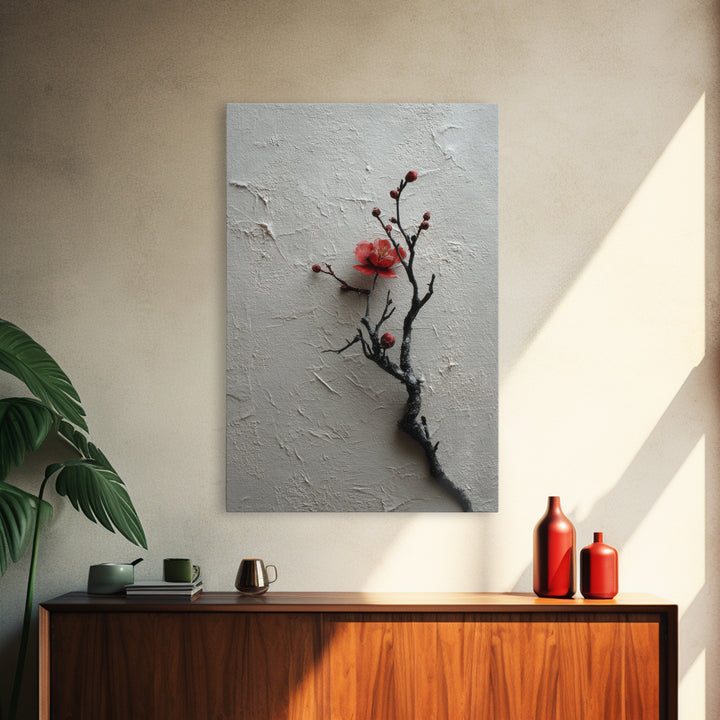 Black Branch with One Red Blossom Canvas Print, Zen Art, Japanese Decor, Living Room Decor, Oil Painting, Zen, Luxury Decor, ZEN-2x3-65