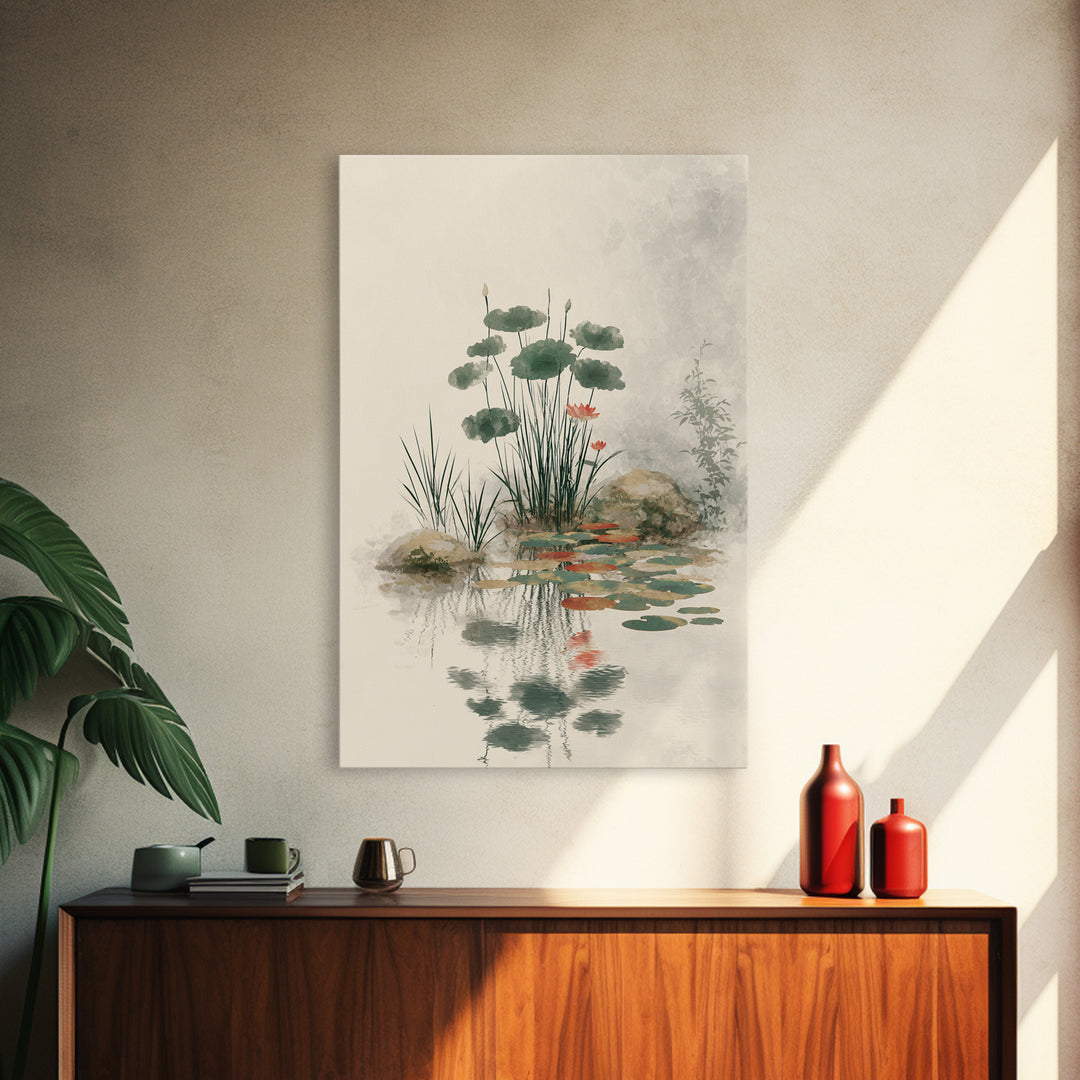 Moon Reflected in Quiet Pond Canvas Print, Zen Art, Living Room Decor, Oil Painting, Zen, Japanese Decor, Flower Print, ZEN-2x3-66
