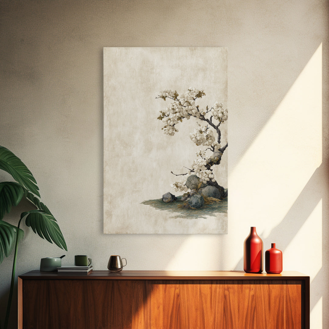 Falling Cherry Blossoms on Cream Ground Framed Canvas Print, Zen Art, Statement Artwork, Living Room Decor, Fine Art, Zen, ZEN-2x3-76