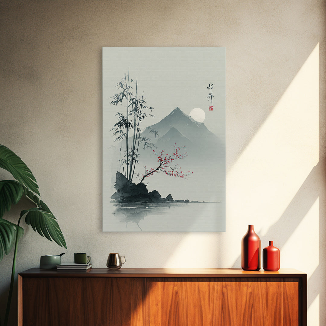 Minimal Mountain in Fog with Empty Space Framed Canvas Print, Zen Art, Contemporary Art, Living Room Decor, Oil Painting, Zen, ZEN-2x3-85
