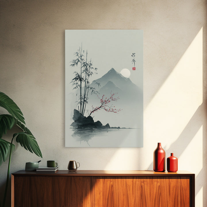 Minimal Mountain in Fog with Empty Space Framed Canvas Print, Zen Art, Contemporary Art, Living Room Decor, Oil Painting, Zen, ZEN-2x3-85