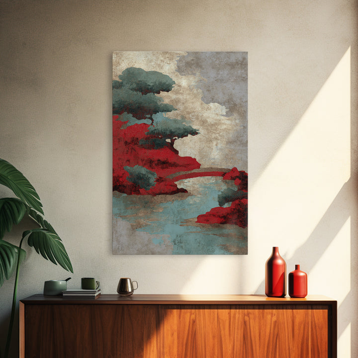 Japanese Garden Bridge Implied Through Shapes Framed Canvas Print, Zen Art, Japandi Wall Art, Living Room Decor, Watercolor Art, ZEN-2x3-94