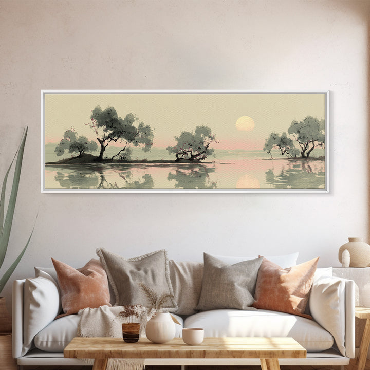 Moon Reflected in Quiet Pond Framed Canvas Print, Zen Art, Garden Art, Living Room Decor, Fine Art, Zen, Neutral Wall Art, ZEN-3x1-2