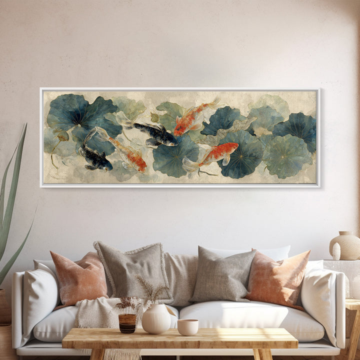 Koi Fish Beneath Floating Lotus Leaves Canvas Print, Zen Art, Neutral Wall Art, Living Room Decor, Fine Art, Zen, ZEN-3x1-20