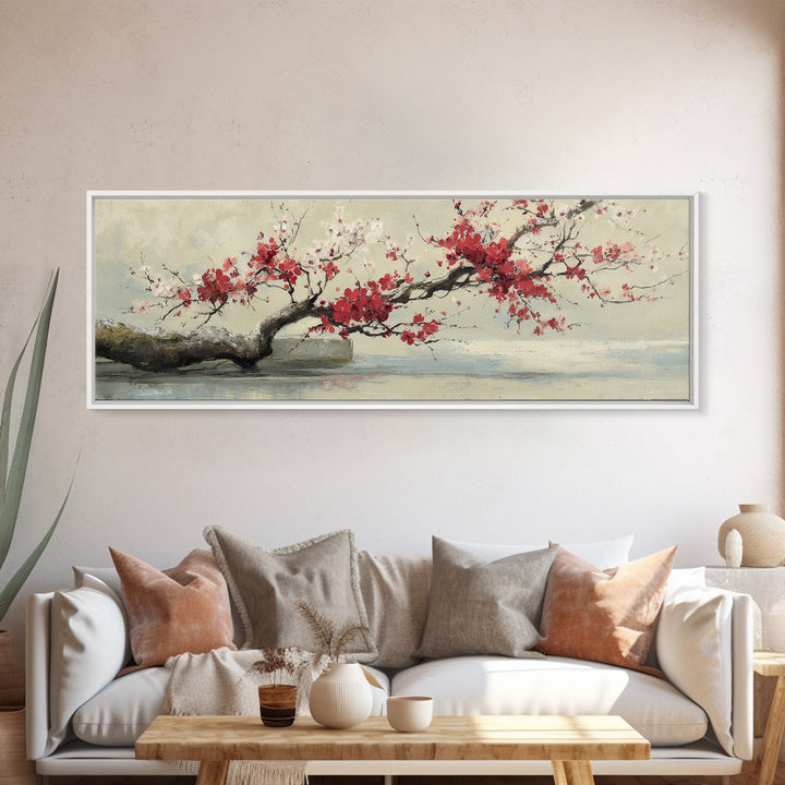 Falling Cherry Blossoms on Cream Ground Canvas Print, Zen Art, Neutral Decor, Living Room Decor, Fine Art, Zen, Wall Decor, ZEN-3x1-36