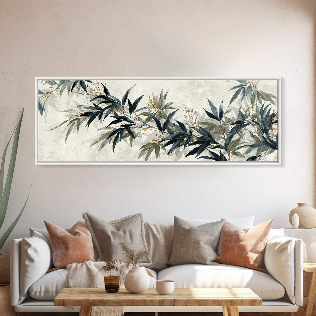 Minimal Bamboo Leaves Framed Canvas Print, Zen Art, Statement Artwork, Living Room Decor, Fine Art, Zen, Printable Wall Art, ZEN-3x1-57