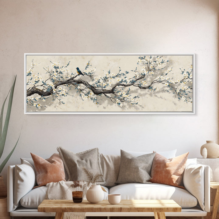 Falling Cherry Blossoms on Cream Ground Framed Canvas Print, Zen Art, Luxury Decor, Living Room Decor, Fine Art, Zen, ZEN-3x1-60