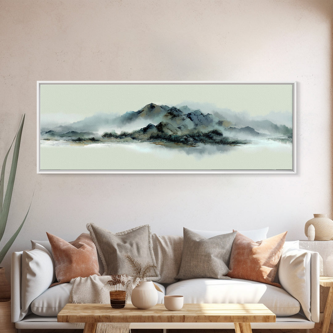 Minimal Mountain in Fog with Empty Space Framed Canvas Print, Zen Art, Luxury Decor, Living Room Decor, Fine Art, Zen, ZEN-3x1-69