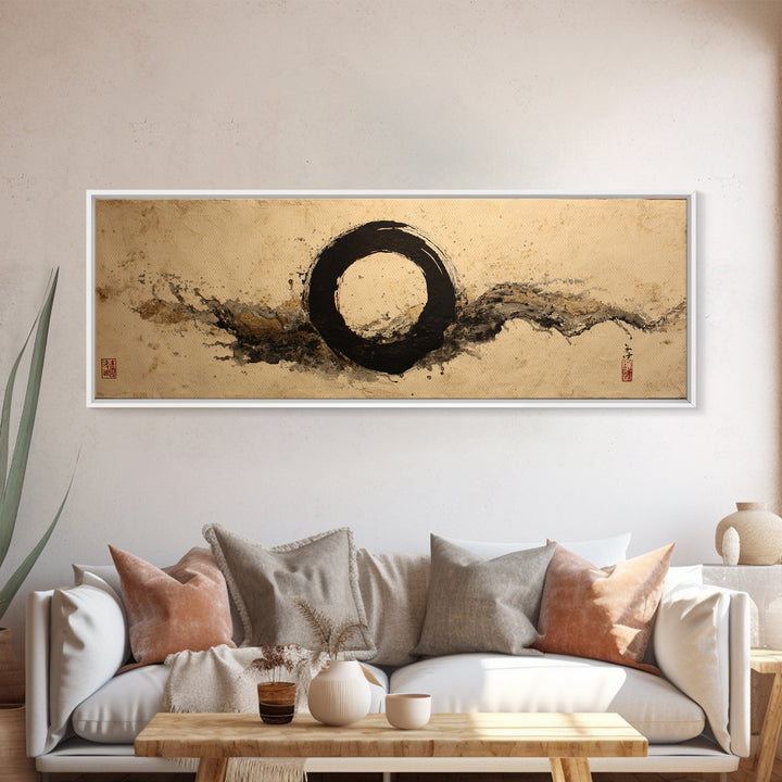Single Black Ens Circle on Warm Paper Framed Canvas Print, Zen Art, Wall Art, Living Room Decor, Oil Painting, Zen, ZEN-3x1-89