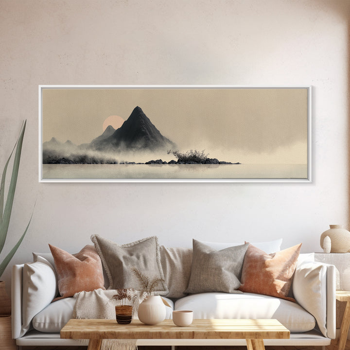 Minimal Mountain in Fog with Empty Space Canvas Print, Zen Art, Home Decor, Living Room Decor, Oil Painting, Zen, Boho Wall Art, ZEN-3x1-93