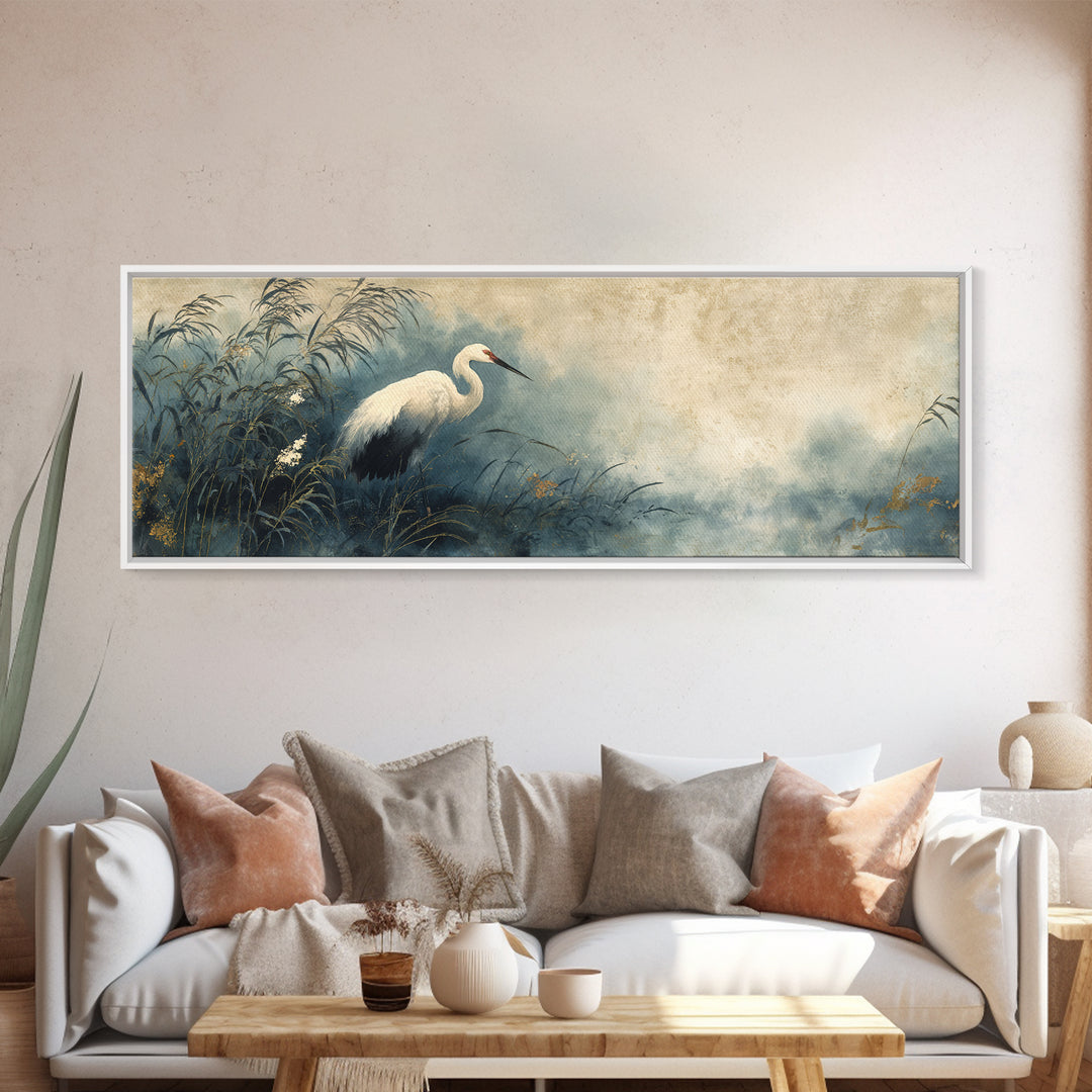 White Crane Standing Canvas Print, Zen Art, Japanese Art, Living Room Decor, Oil Painting, Zen, Contemporary Art, Gallery Decor, ZEN-3x1-95