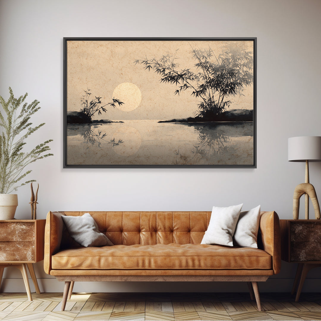 Moon Reflected in Quiet Pond Framed Canvas Print, Zen Art, Abstract Painting, Living Room Decor, Fine Art, Zen, Gallery Decor, ZEN-3x2-14