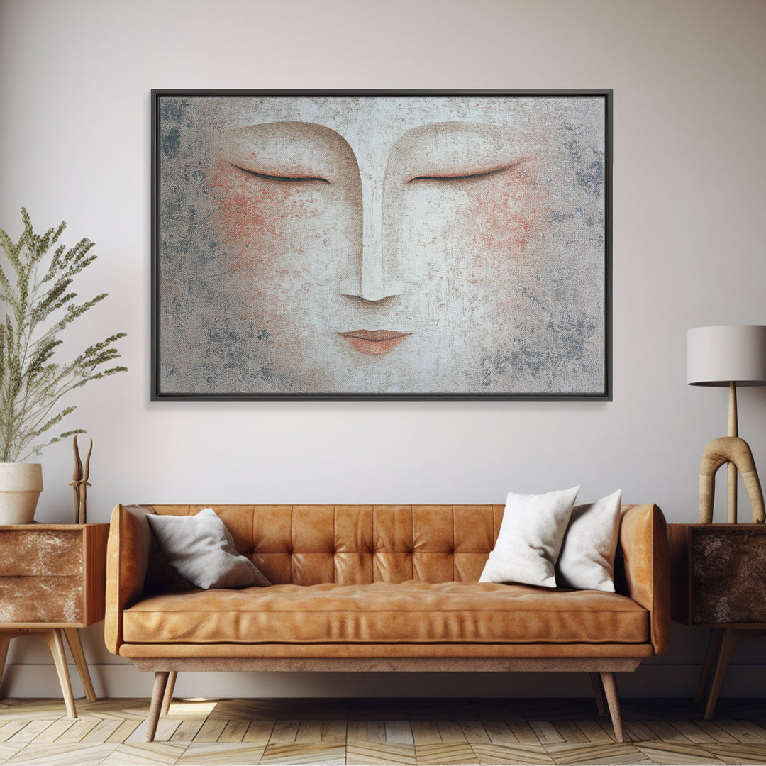 Calm Face with Closed Eyes and Simple Framed Canvas Print, Zen Art, Japanese Wall Art, Living Room Decor, Oil Painting, Zen, ZEN-3x2-2