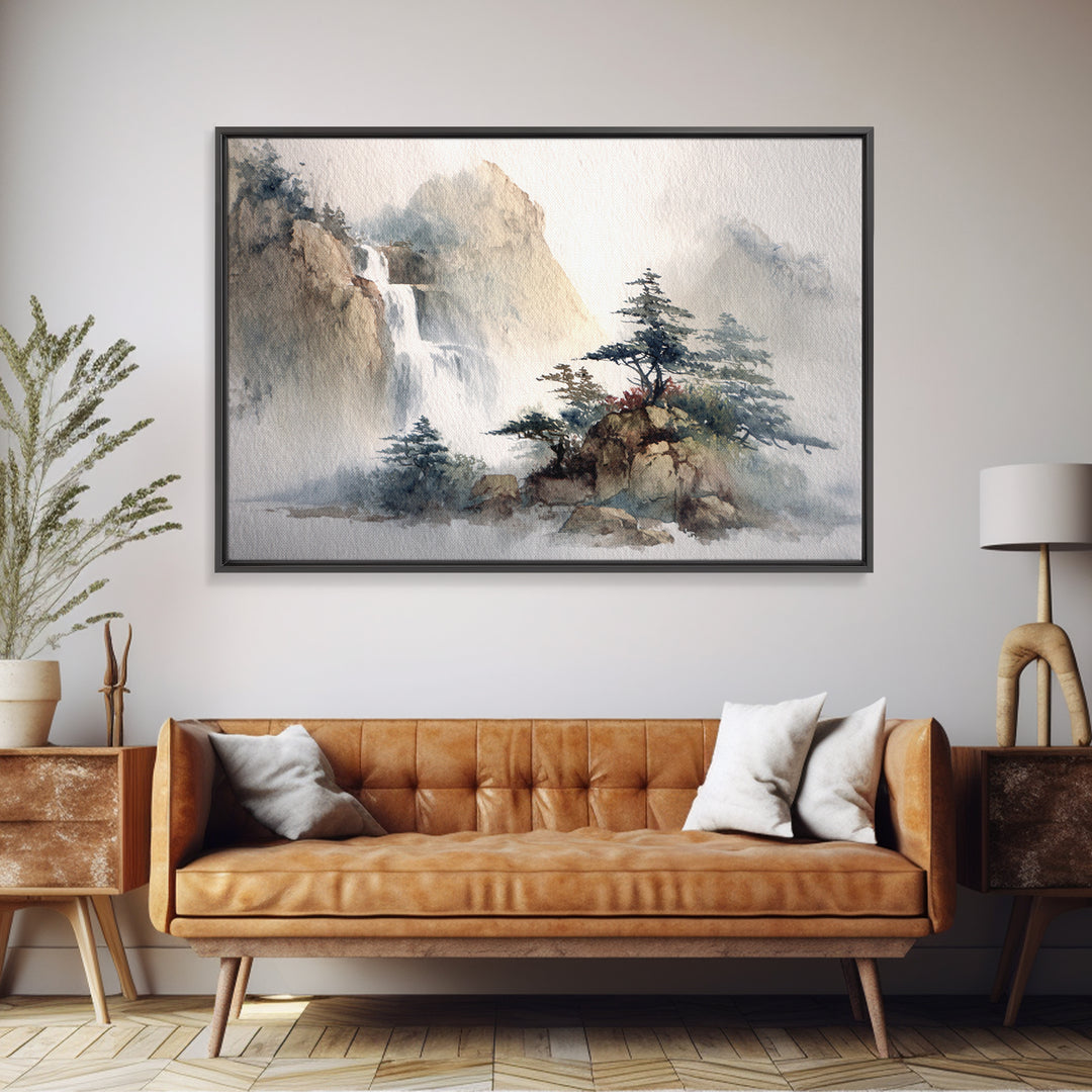 Ink Wash Waterfall Framed Canvas Print, Zen Art, Fine Art Print, Living Room Decor, Abstract Art, Zen, Printable Wall Art, ZEN-3x2-25