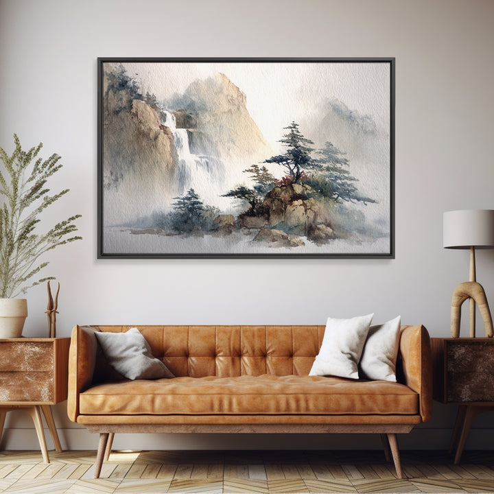Ink Wash Waterfall Framed Canvas Print, Zen Art, Fine Art Print, Living Room Decor, Abstract Art, Zen, Printable Wall Art, ZEN-3x2-25