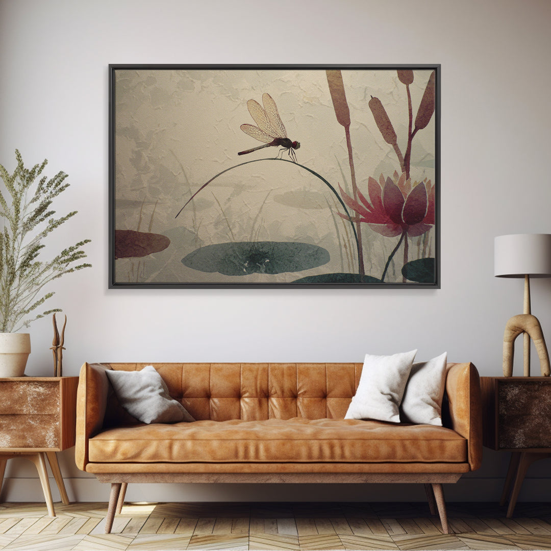 Dragonfly over Lotus Pond Canvas Print, Zen Art, Textured Painting, Living Room Decor, Watercolor Art, Zen, Abstract Art, ZEN-3x2-44