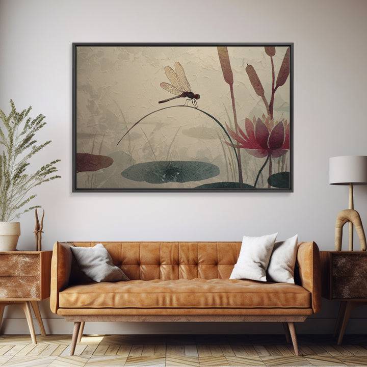 Dragonfly over Lotus Pond Canvas Print, Zen Art, Textured Painting, Living Room Decor, Watercolor Art, Zen, Abstract Art, ZEN-3x2-44