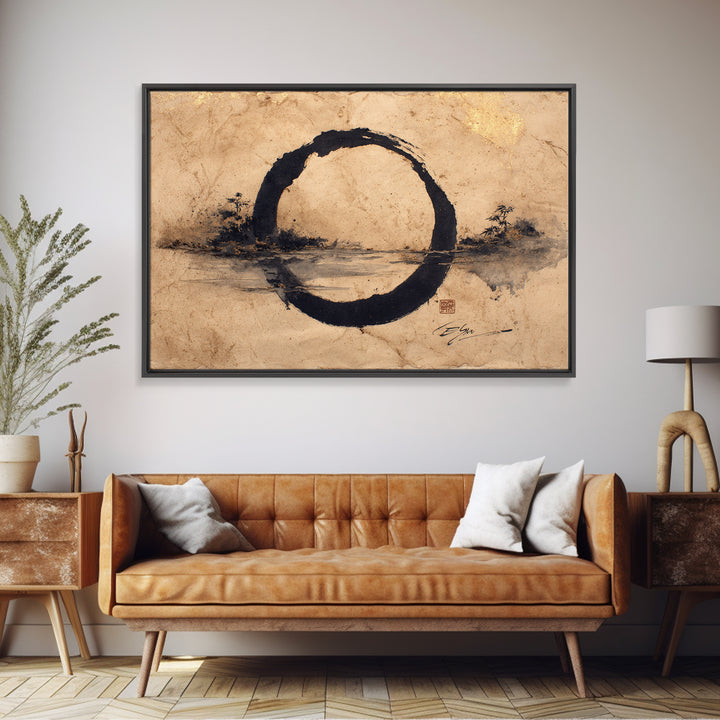 Single Black Ens Circle on Warm Paper Framed Canvas Print, Zen Art, Statement Artwork, Living Room Decor, Fine Art, Zen, ZEN-3x2-5
