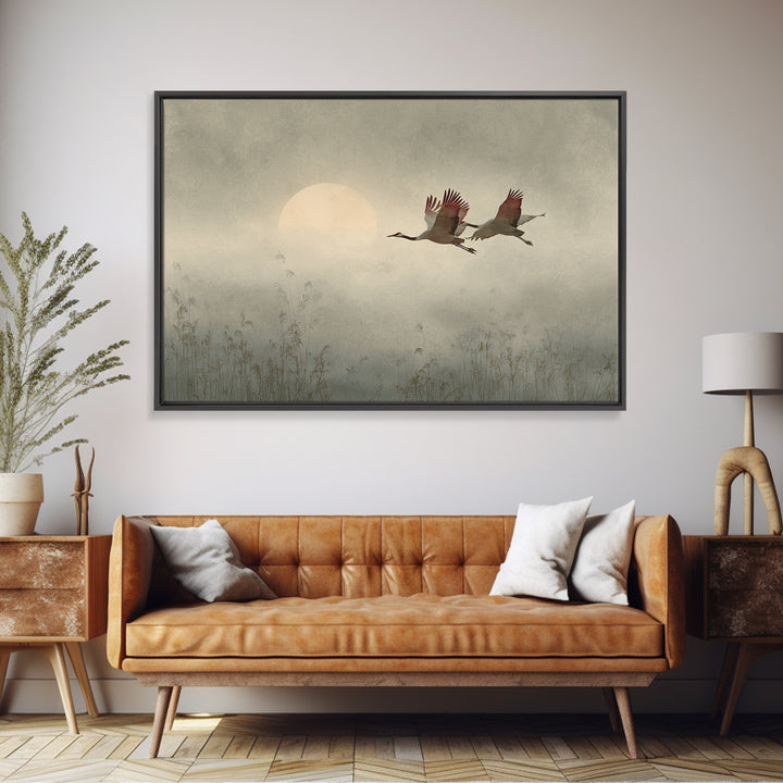Crane Flying Across Pale Sun Canvas Print, Zen Art, Boho Decor, Living Room Decor, Abstract Art, Zen, Original Painting, ZEN-3x2-52