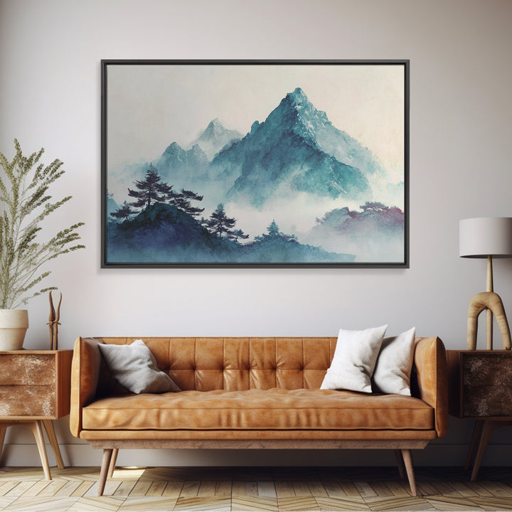 Minimal Mountain in Fog with Empty Space Canvas Print, Zen Art, Boho Decor, Living Room Decor, Fine Art, Zen, Original Painting, ZEN-3x2-57