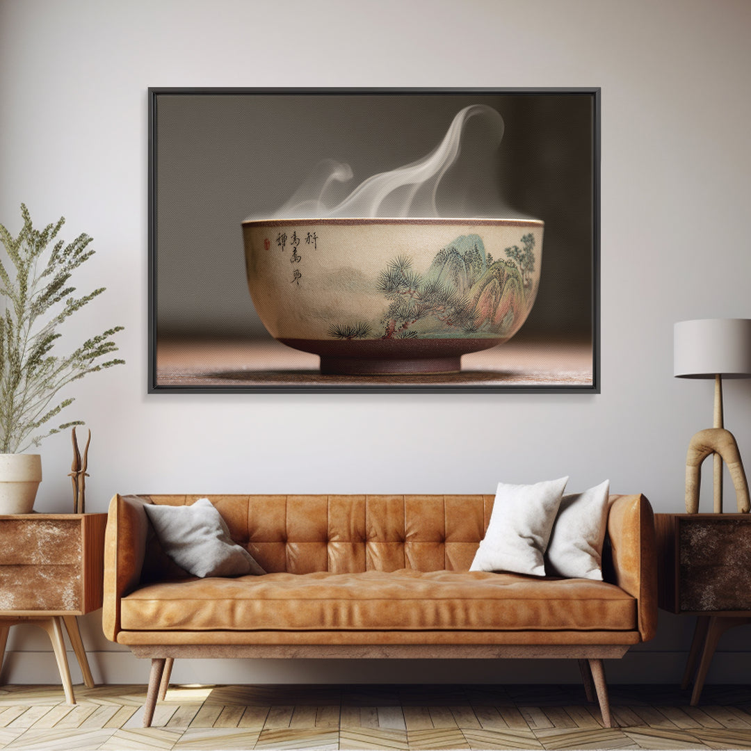 Tea Bowl with Steam Rising Gently Framed Canvas Print, Zen Art, Metal Wall Art, Living Room Decor, Zen, Japandi Wall Art, ZEN-3x2-60
