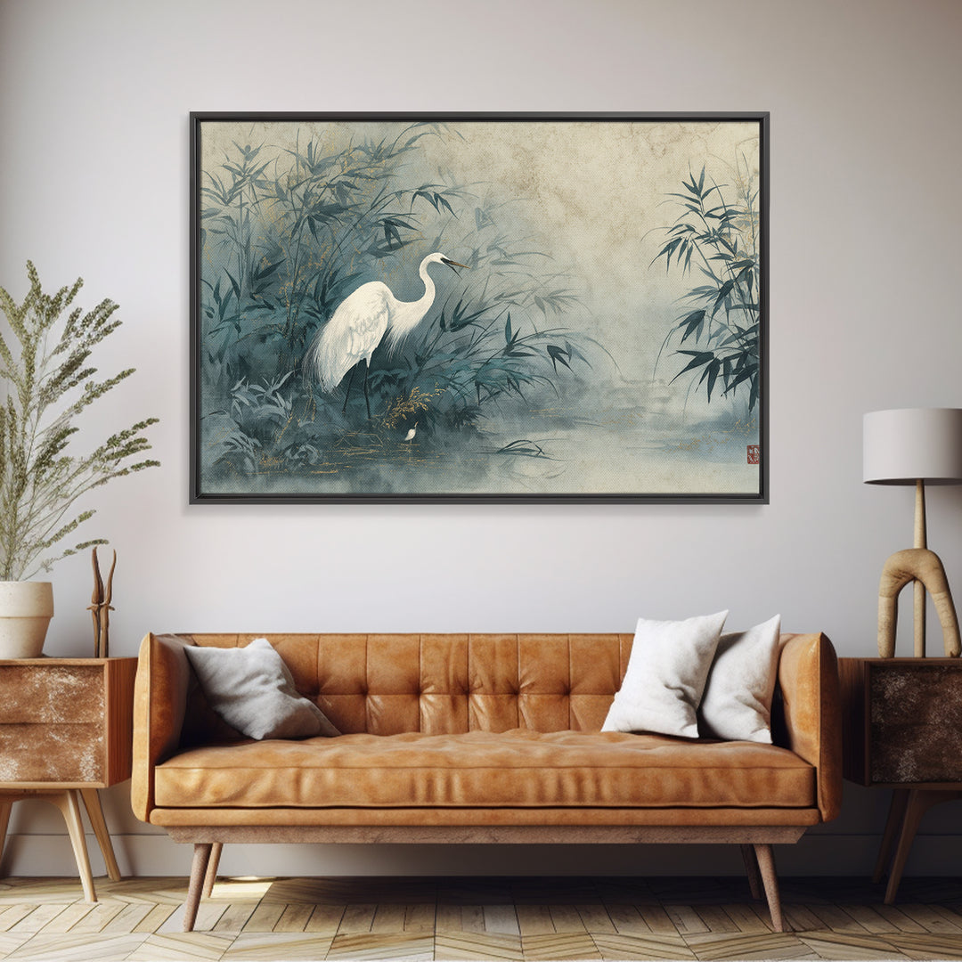 White Crane Standing Canvas Print, Zen Art, Japanese Decor, Living Room Decor, Fine Art, Zen, Luxury Decor, Textured Painting, ZEN-3x2-83