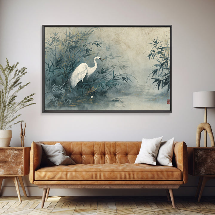 White Crane Standing Canvas Print, Zen Art, Japanese Decor, Living Room Decor, Fine Art, Zen, Luxury Decor, Textured Painting, ZEN-3x2-83