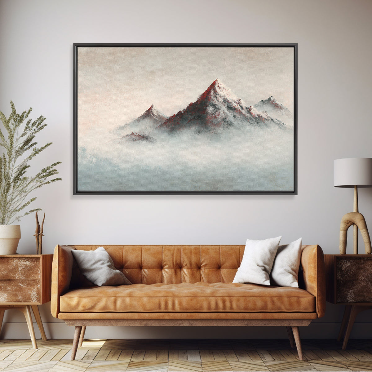 Minimal Mountain in Fog with Empty Space Framed Canvas Print, Zen Art, Contemporary Art, Living Room Decor, Oil Painting, Zen, ZEN-3x2-9