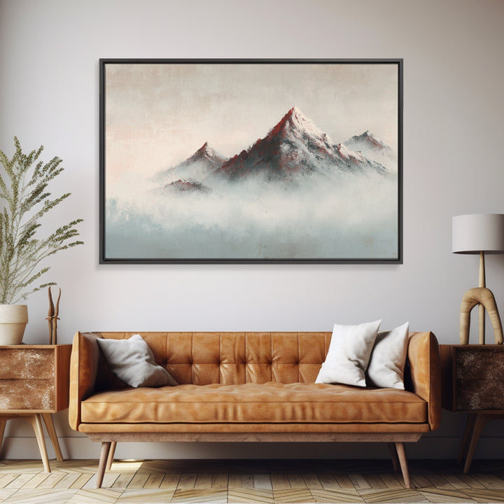 Minimal Mountain in Fog with Empty Space Framed Canvas Print, Zen Art, Contemporary Art, Living Room Decor, Oil Painting, Zen, ZEN-3x2-9