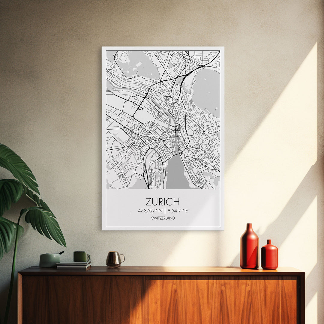Zurich Street Map, Switzerland Map, Europe City Map Print, Minimalist Art, Wall Art, Canvas Print, Travel Art, Wall Hanging, Honeymoon Gift