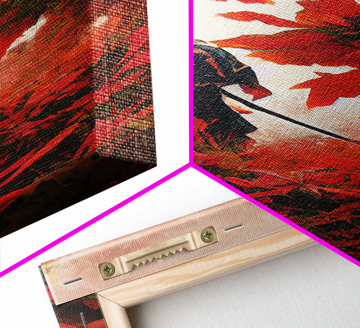 Samurai In a Japanese Maple Forest, Framed Canvas Print, Ready To Hang Framed Wall Art, Living Room Wall Hanging